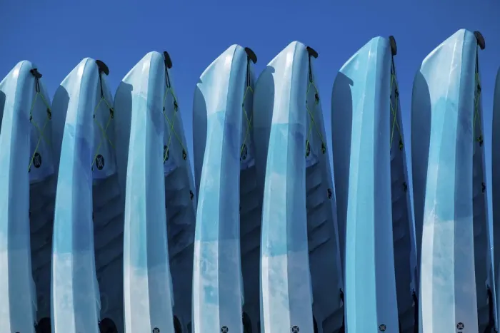 Framed Print : Stacked kayaks on a beach, Florida, USA Framed Print : Stacked kayaks on a beach, Florida, USA