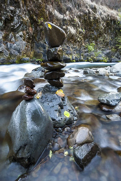 Stacked rock formations in the South fork of the Walla Walla River, Milton-Freewater, OR