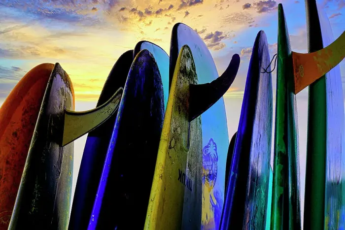 Framed Print : Stacked surf boards at sunset after a day of surf school in Canggu, Bali, Indonesia