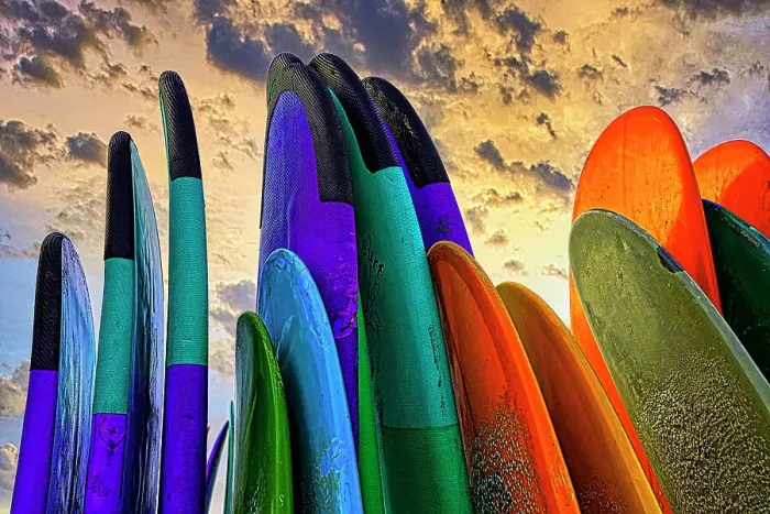 Framed Print : Stacked surf boards at sunset after a day of surf school in Canggu, Bali, Indonesia Framed Print : Stacked surf boards at sunset after a day of surf school in Canggu, Bali, Indonesia