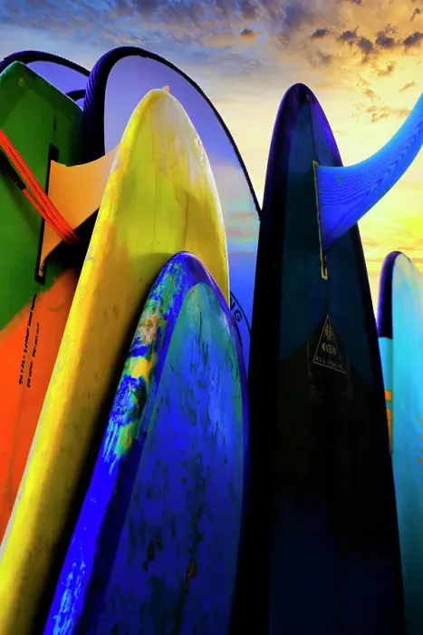 Framed Print : Stacked surf boards at sunset after a day of surf school in Canggu, Bali, Indonesia Framed Print : Stacked surf boards at sunset after a day of surf school in Canggu, Bali, Indonesia