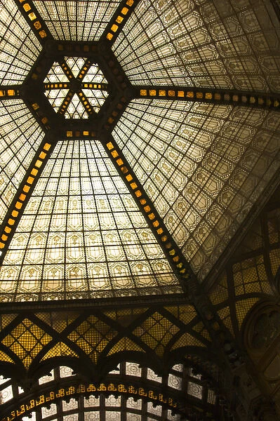Stained glass architecture inside Ferenciek Tere (English: Square of the Franciscans)