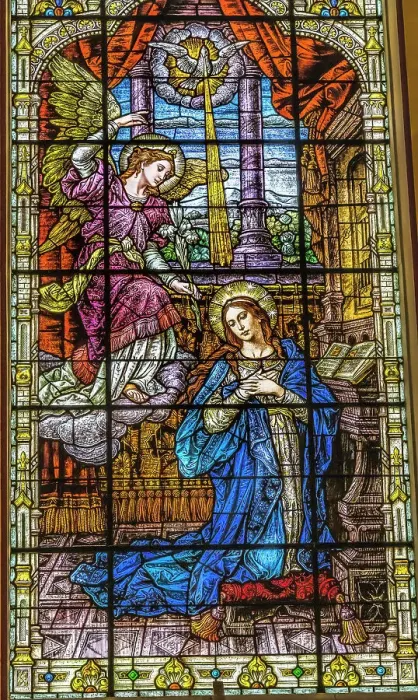 Framed Print : Stained glass Gesu Church, Miami, Florida. Angel Gabriel tells Mary she will have Jesus stained glass built 1920's. Glass by Franz Mayer Framed Print : Stained glass Gesu Church, Miami, Florida. Angel Gabriel tells Mary she will have Jesus stained glass built 1920's. Glass by Franz Mayer