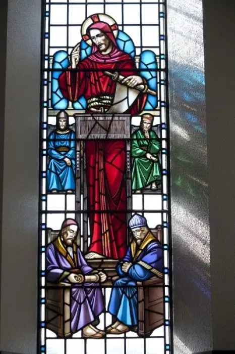 Framed Print : Stained glass window in Lutheran Church of Akureyri, Iceland shows Christ reading Framed Print : Stained glass window in Lutheran Church of Akureyri, Iceland shows Christ reading