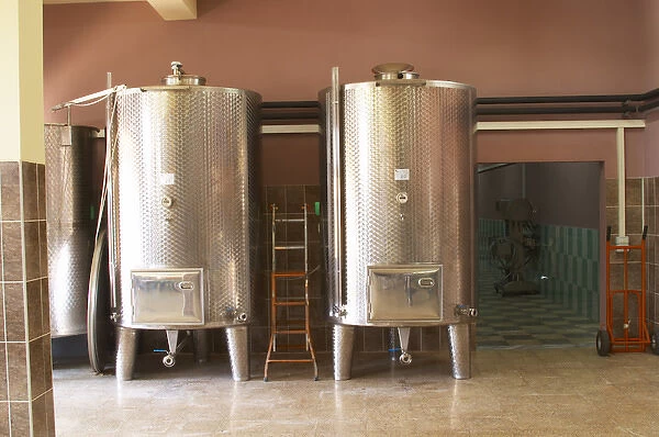 Stainless steel fermentation and storage tanks. Kantina Miqesia or Medaur winery, Koplik