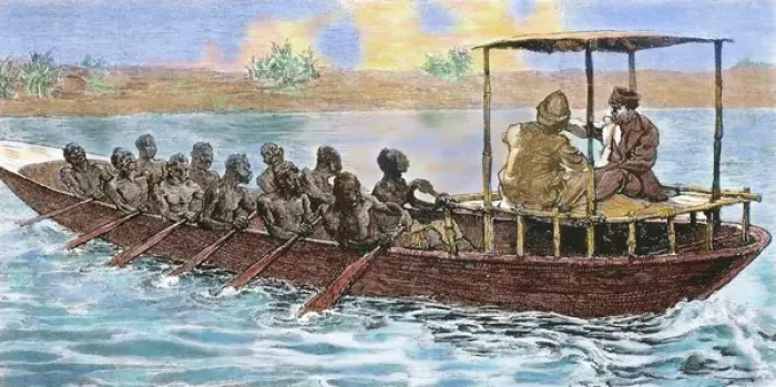 Framed Print : Stanley and Livingstone in a canoe from the village Ujiji in Ruzizi river