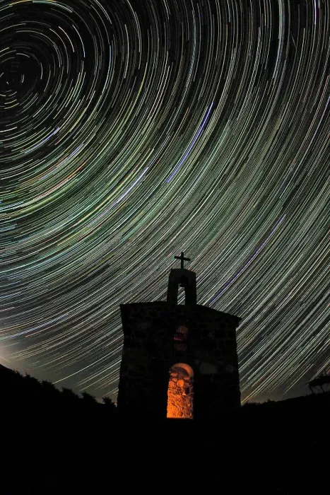 Framed Print : Star trail over the stone chapel at Red Willow Vineyard. (PR)