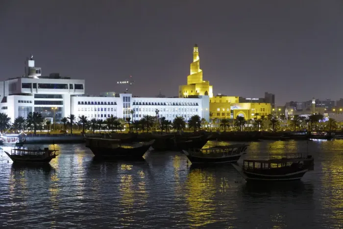 Framed Print : State of Qatar, Doha. Dhow harbor at night. Left: Ministry of Finance Framed Print : State of Qatar, Doha. Dhow harbor at night. Left: Ministry of Finance