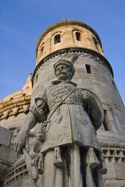 Statue at Fishermens Bastion next to Matyas Church, Castle Hill, Buda side of Central Budapest