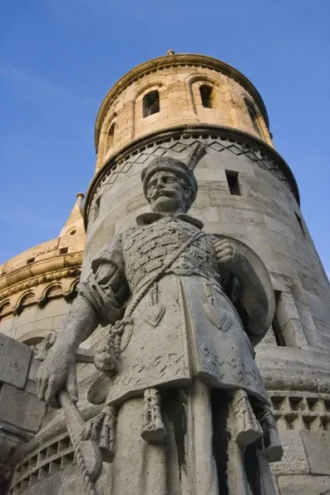 Framed Print : Statue at Fishermens Bastion next to Matyas Church, Castle Hill, Buda side of Central Budapest Framed Print : Statue at Fishermens Bastion next to Matyas Church, Castle Hill, Buda side of Central Budapest