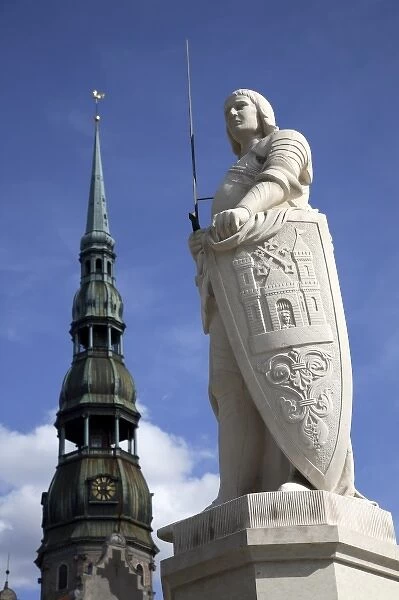 The statue of Roland in Town Hall Square with the tower of St. Peters Church in the background