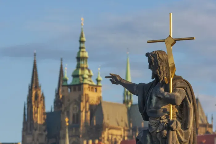 Framed Print : Statue of St. John the Baptist on the Charles Bridge with the Prague Castle and St Framed Print : Statue of St. John the Baptist on the Charles Bridge with the Prague Castle and St