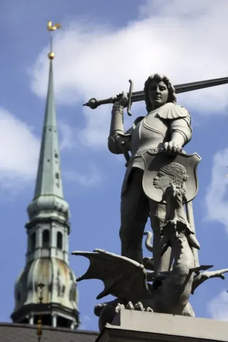 Framed Print : The statue of St. Michel fight against the dragon on House of Blackheads on Town