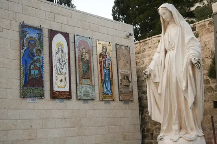Framed Print : Statue of the Virgin Mary, mother of Jesus Christ, greets pilgrims and worshipers Framed Print : Statue of the Virgin Mary, mother of Jesus Christ, greets pilgrims and worshipers