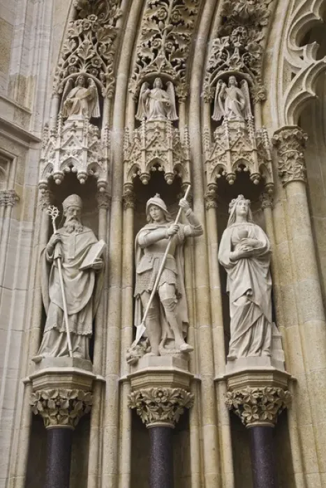 Framed Print : Statues on side of main entrance, Zagreb Cathedral, Zagreb, Croatia (Neogothic Architecture)