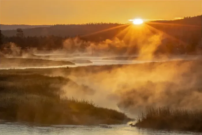 Framed Print : Steaming mist at sunrise, Madison River, Yellowstone National Park, Montana, USA
