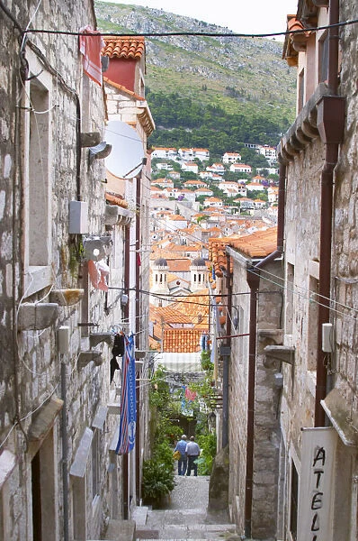 A steep street leading down from the city wall to the city and a view over rooftops