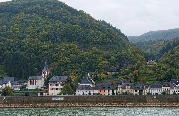 Steeple and hills of Hirzenach, Germany, on the Rhine