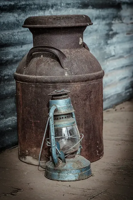 Framed Print : Still-life on a ranch. Milk can and lantern Framed Print : Still-life on a ranch. Milk can and lantern
