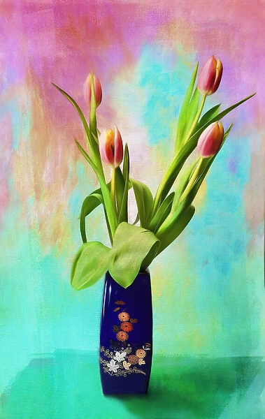 Still-life of tulips in a Japanese vase, as art