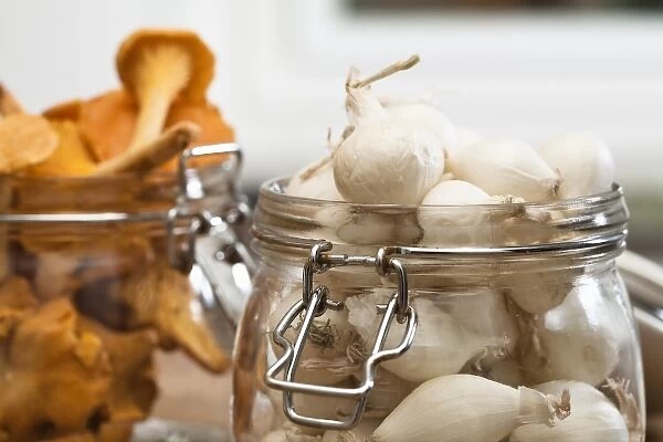 Stockholm, Sweden - Closeup cropped image of pearl onions and dried mushrooms in jars