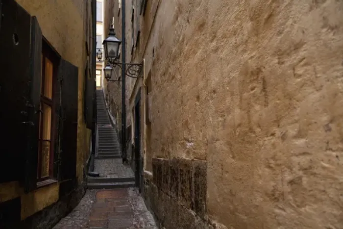 Framed Print : Stockholm, Sweden - A narrow alley leading to a staircase going between two old world buildings