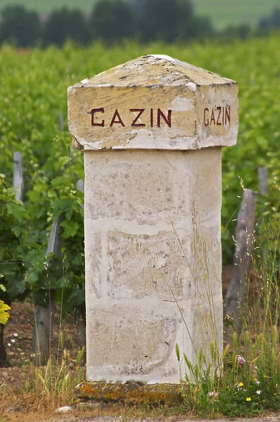 A stone gate post inscribed with Chateau Gazin, vineyard in the background Pomerol