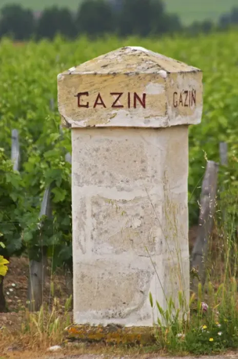 Framed Print : A stone gate post inscribed with Chateau Gazin, vineyard in the background Pomerol