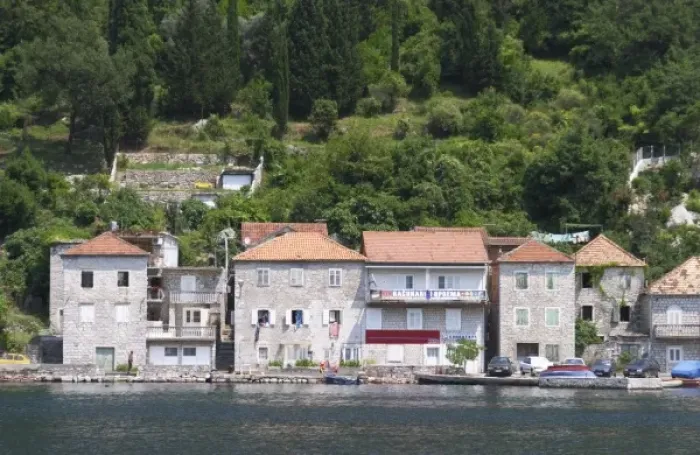 Framed Print : Stone houses along the water edge in Lepetani. Montenegro, Balkan, Europe Framed Print : Stone houses along the water edge in Lepetani. Montenegro, Balkan, Europe