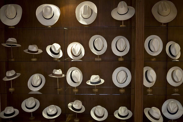 Store display of traditional Panama Hats made of straw from toquilla plant, Cuenca