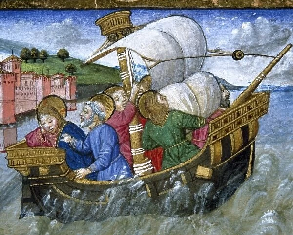 Storm on the Sea of Tiberias. Jesus tells his disciples not to fear. Codex of Predis (1476)