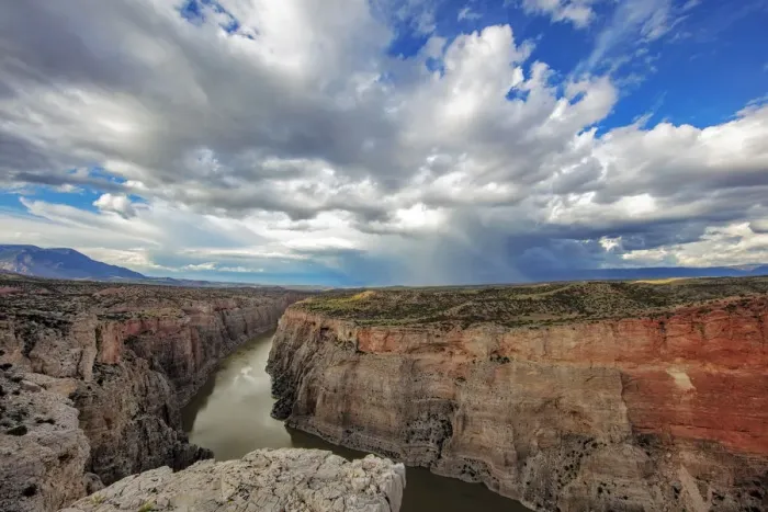 Framed Print : Stormy clouds over the Bighorn River in the Bighorn National Recreation Area, Montana
