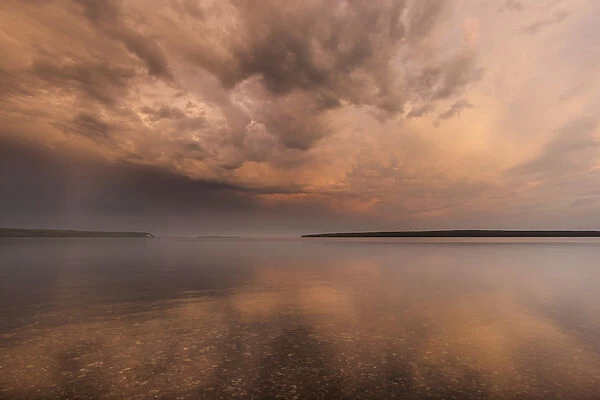 Stormy skies at sunrise over Lake Superior from Manitou Island in the Apostle Islands