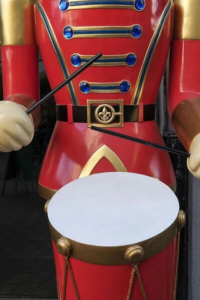 Strasbourg, France. Large soldier playing a drum as part of festive holiday decor at Christmas