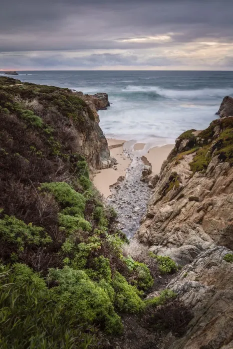 Framed Print : Stream flowing through a canyon into the Pacific Ocean, California Framed Print : Stream flowing through a canyon into the Pacific Ocean, California