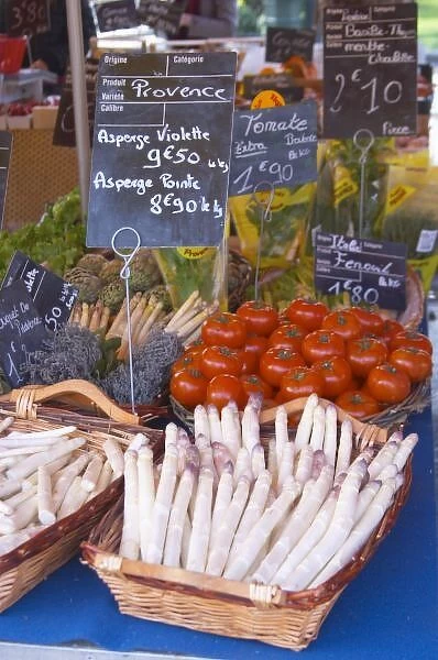 Street market merchants stall with white asparagus, tomatoes Sanary Var Cote