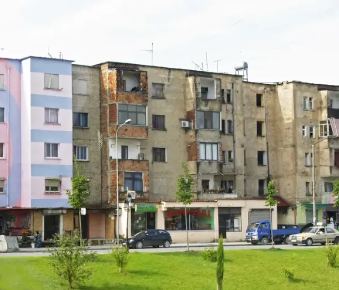Framed Print : Street scene with typical colourful houses, in rather bad shape. Tirana capital. Albania