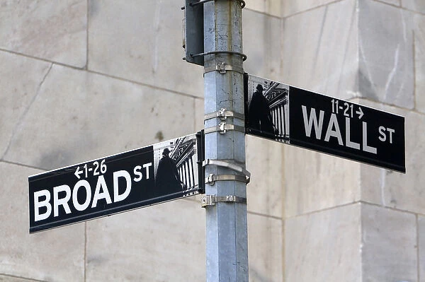 Street sign for Wall and Broad in New York City, New York, USA
