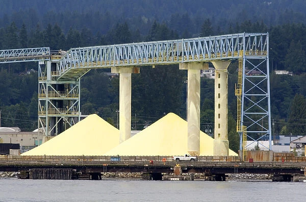 Sulfur recovered from hydrocarbons, stockpiled for shipment at Port Vancouver, British Columbia