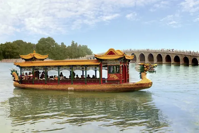 Framed Print : The Summer Palace, Beijing, China, a traditional Dragon Boat passes the Seventeen Framed Print : The Summer Palace, Beijing, China, a traditional Dragon Boat passes the Seventeen
