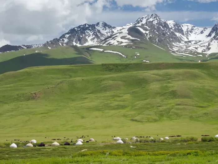 Framed Print : Summer pasture with traditional Yurts. The Suusamyr plain