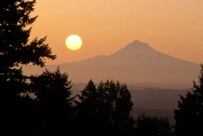 Framed Print : The sun hangs above Mt Hood, as viewed from Portland, Oregon Framed Print : The sun hangs above Mt Hood, as viewed from Portland, Oregon