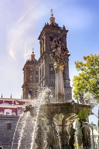 Sun Rays Zocalo Park Plaza San Miguel Archangel Fountain Cathedral Puebla, Mexico