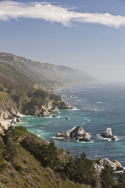 A sunny view of the dramatic California Big Sur coastline
