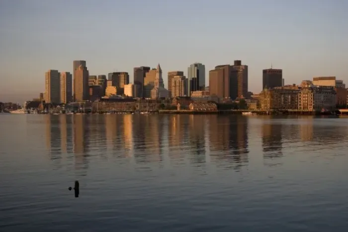 Framed Print : Sunrise on the Boston skyline from East Boston, Boston, Massachusetts