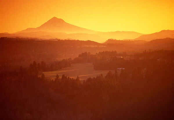 Sunrise colors the landscape in front of Mt Hood, Oregon with golden orange