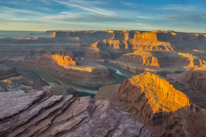 Framed Print : Sunrise at Dead Horse Point State Park, view of Colorado River and Canyonlands National