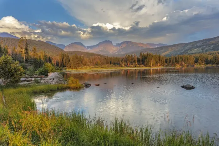 Framed Print : Sunrise on Hallett Peak and Flattop Mountain above Sprague Lake in Rocky Mountain National Park