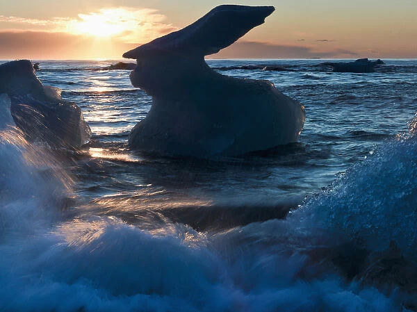 Sunrise and iceberg formation on the beach at Jokulsarlon, Iceland