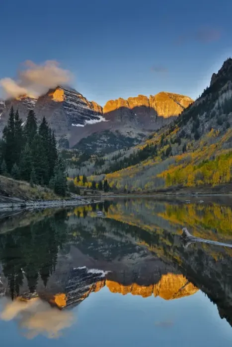 Framed Print : Sunrise Marron Bells autumn colors on aspens with pond reflection Framed Print : Sunrise Marron Bells autumn colors on aspens with pond reflection